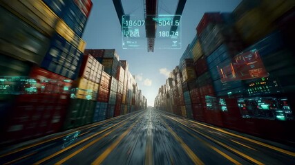 Poster - Futuristic cargo cranes operating at a container terminal utilize augmented reality and data tracking for efficient logistics and global trade management