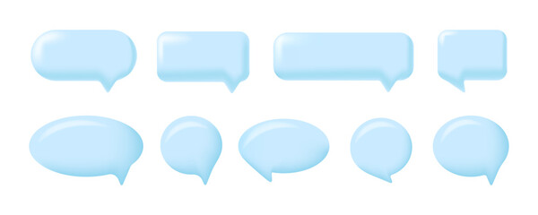 Set of blue 3D speech bubbles in various shapes, including rounded and rectangular. Glossy and modern style, perfect for chat UI design, messaging app mockups, stickers, and social media graphics