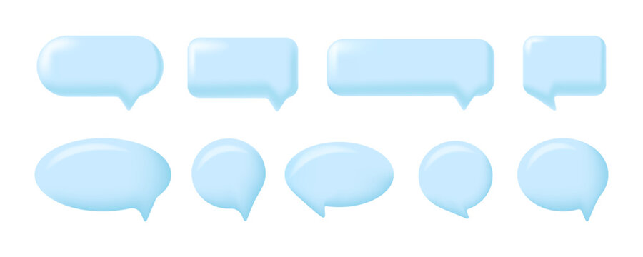 Set of blue 3D speech bubbles in various shapes, including rounded and rectangular. Glossy and modern style, perfect for chat UI design, messaging app mockups, stickers, and social media graphics
