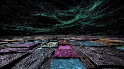 Aufkleber - Colorful textured floor tiles extending towards horizon with glowing particles and network of lines creating a futuristic and innovative scene