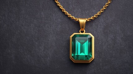 Poster - A single emerald pendant necklace centered on dark background with empty space
