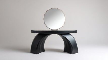 Poster - black lacquer dressing table with modern curves and minimalist mirror in an empty studio setting