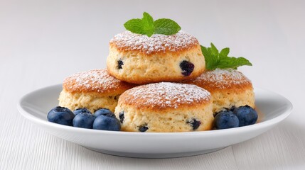 Poster - Blueberry scones on a plate with powdered sugar dusting and clean white background for layout