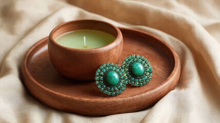 Aufkleber - Boho-style beaded earrings placed on wooden tray with soft natural tones and layout space