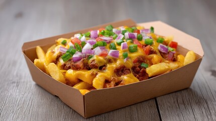 Fototapete - Box of loaded chili cheese fries with extra toppings and melted cheese with layout space