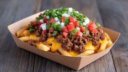 Fototapete - Box of loaded chili cheese fries with extra toppings and melted cheese with layout space