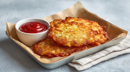 Poster - Breakfast hash browns on tray with dipping sauce and napkin on light surface with space
