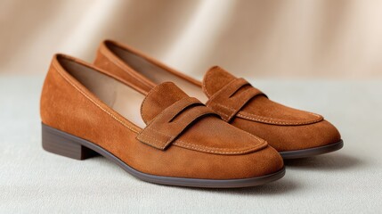 Fototapete - Brown suede loafers placed side by side on a soft neutral cloth with layout space