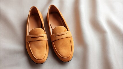 Fototapete - Brown suede loafers placed side by side on a soft neutral cloth with layout space