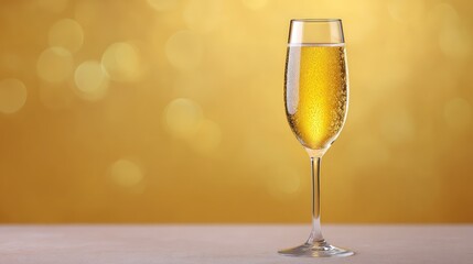 Poster - Champagne flute with golden bubbly drink on a festive light background with space for overlay