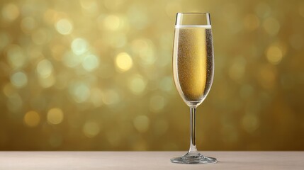 Poster - Champagne flute with golden bubbly drink on a festive light background with space for overlay