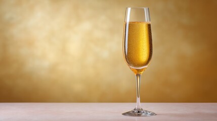 Poster - Champagne flute with golden bubbly drink on a festive light background with space for overlay