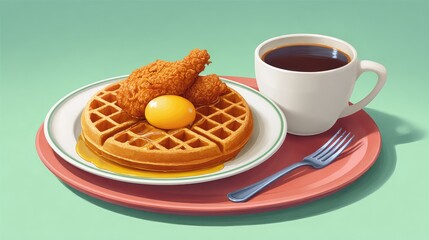 Poster - Chicken and waffle combo on tray with maple syrup drizzled, and room for text