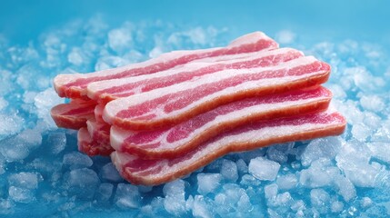 Poster - Chilled bacon strips laid flat on a cooling rack over ice with space for product overlay