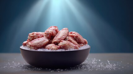 Poster - Chilled chicken wings layered in a bowl on ice with bright light and copy space on the side