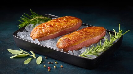 Poster - Chilled duck breast fillets on crushed ice over dark tray with herbs and minimal background