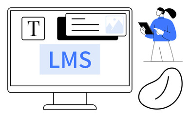 Poster - LMS screen with text, images, interface cards, user holding tablet and abstract shapes. Ideal for e-learning, online courses, digital platforms, education tools, remote training knowledge