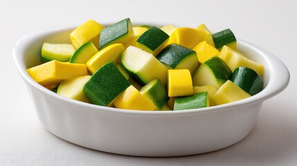 Poster - Clean setup of chopped squash and zucchini cubes in a dish with copy space