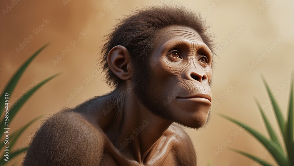 A detailed portrait of Australopithecus, capturing the facial features and expression of this early hominid species, offering a glimpse into human evolutionary history