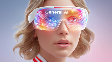 Fototapete - General AI (Strong AI): First-person perspective looking through augmented reality smart glasses,  interactive holographic elements in the foreground. The display  