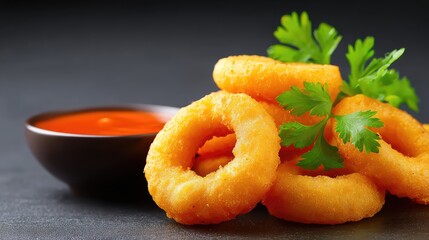 Fototapete - Close-up of golden fried calamari rings with sauce on tray and open background space