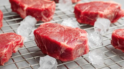 Poster - Close-up of meat cuts on a cooling rack surrounded by ice cubes and clear space for branding