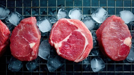 Poster - Close-up of meat cuts on a cooling rack surrounded by ice cubes and clear space for branding