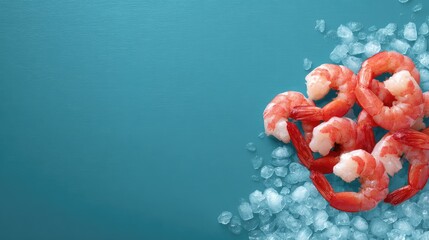 Fototapete - Close-up of peeled shrimp arranged neatly on ice with visible frost and space for text layout