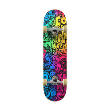 Vibrant psychedelic skateboard deck isolated dark background