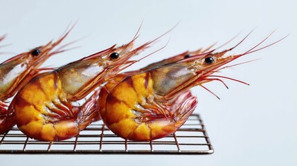 Poster - Close-up of raw tiger shrimp placed on metal cooling rack over white background with space