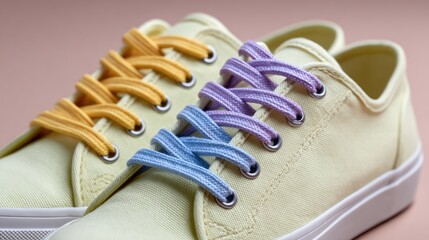 Poster - Close-up of shoelaces tied neatly on plain casual shoes against soft pastel background