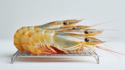 Poster - Close-up of raw tiger shrimp placed on metal cooling rack over white background with space