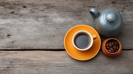 Poster - Coffee set arranged on rustic wood with espresso cup, milk jug, and coffee beans with empty area for overlay