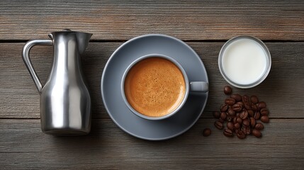 Poster - Coffee set arranged on rustic wood with espresso cup, milk jug, and coffee beans with empty area for overlay