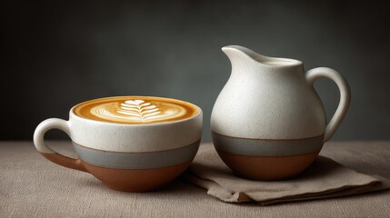 Poster - Coffee set featuring a cup with latte art and small pot of cream on rustic table with linen cloth and copy space