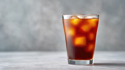 Poster - Cold brew coffee with ice cubes in a glass tumbler on light background with layout area