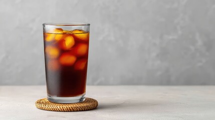 Poster - Cold brew coffee with ice cubes in a glass tumbler on light background with layout area
