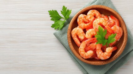 Poster - Cold cooked shrimp in elegant round bowl on light wood background with negative space