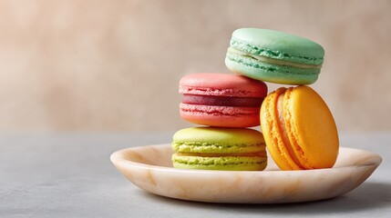 Poster - Colorful macarons stacked on marble plate with soft lighting and empty background
