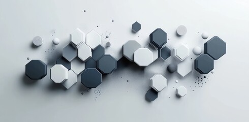 Aufkleber - Minimalist composition of octagonal geometric shapes and spheres, rendered in shades of grey and white, a modern abstract design