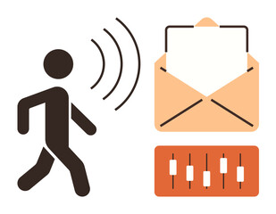 Poster - Person transmitting voice waves, envelope for message delivery, and slider controls for audio settings. Ideal for communication, technology, sound, messaging, interface, collaboration simple flat