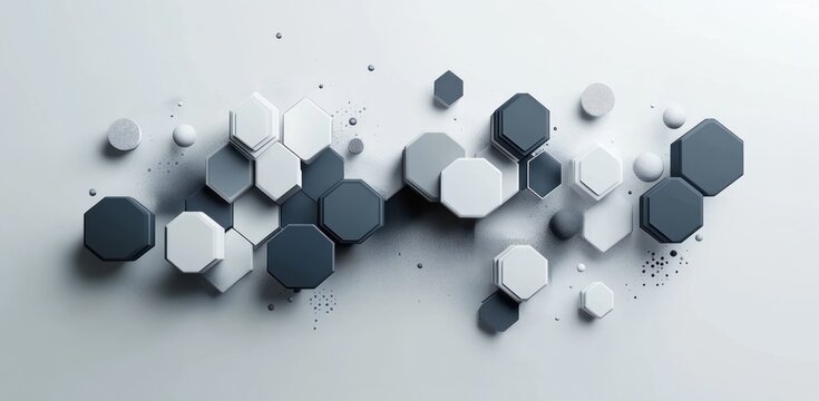 Minimalist composition of octagonal geometric shapes and spheres, rendered in shades of grey and white, a modern abstract design