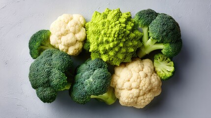 Poster - Composition of fresh broccoli and cauliflower florets on a light table with plenty of space for layout