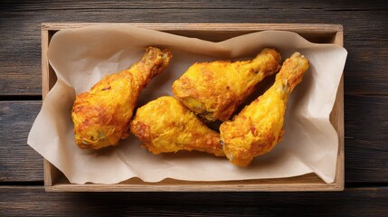 Aufkleber - Crispy fried chicken drumsticks on a tray lined with paper over a rustic table and blank background