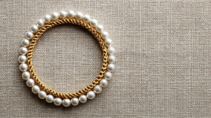 Fototapete - Delicate pearl bracelet centered on a textured linen fabric with empty copy space around