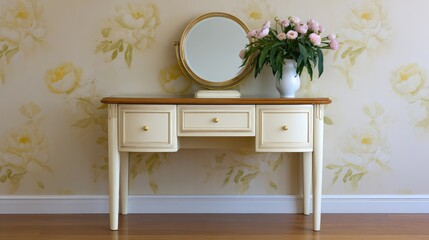 Poster - Dressing table against a floral wallpaper background, with mirrored drawers and elegant decor leaving copy space