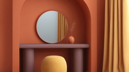 Poster - Dressing table in a corner nook with shelves, mirror, and stool in warm earthy tones, space for overlay