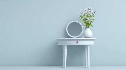 Poster - Dressing table surface with single vase and small mirror, isolated in light background with space