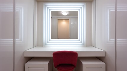 Poster - Dressing table with modern light strips on mirror frame and smooth surface, surrounded by white space