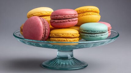 Poster - Elegant display of macarons in pastel colors on a glass plate with soft shadows and wide empty background